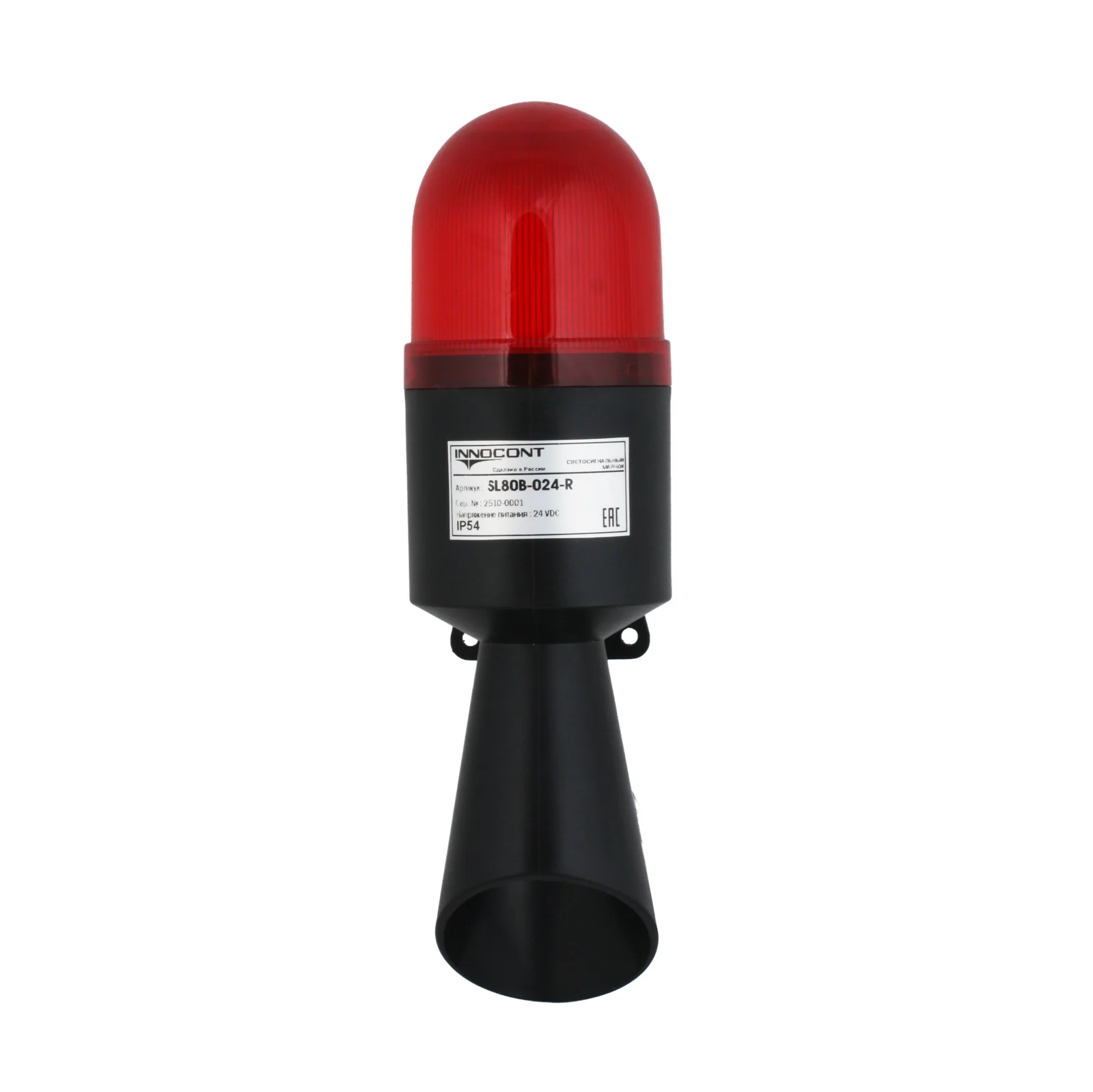 innocont SL70B-HFL-024-R — Светосигнальный маячок с усиленным звуком INNOCONT, диаметр основания 70мм, L=245мм, светодиод(мигающее), зуммер 100дБ, цвет: красный, 24VDC, IP54. кабель 0,7м