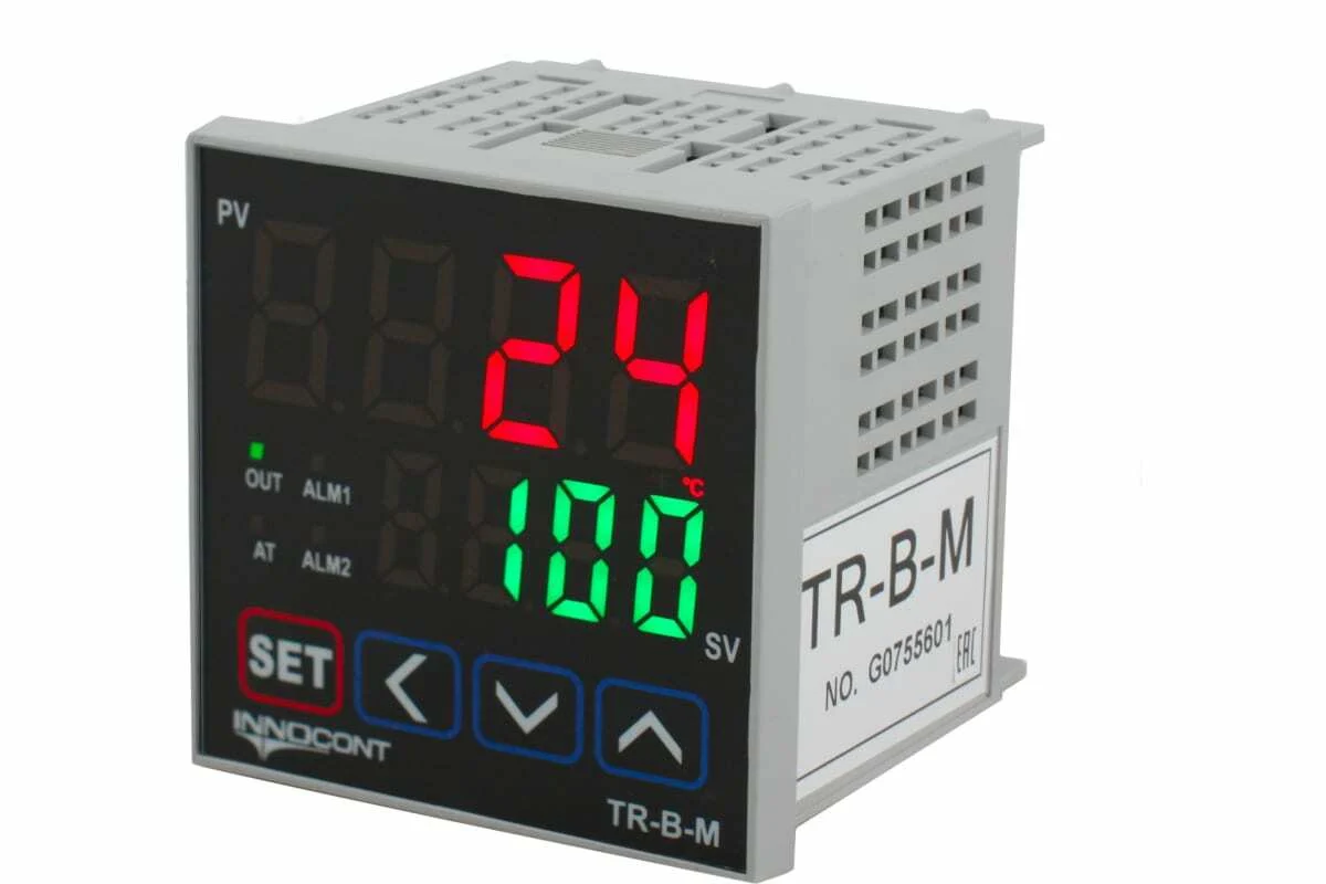 innocont TR-B-M — Температурный контроллер INNOCONT, 2 дисплея, 4 разряда, 72x72x60 мм, 2 аварийных выхода, 110-220VAC, выход: реле + твердотельное реле TR-B-M