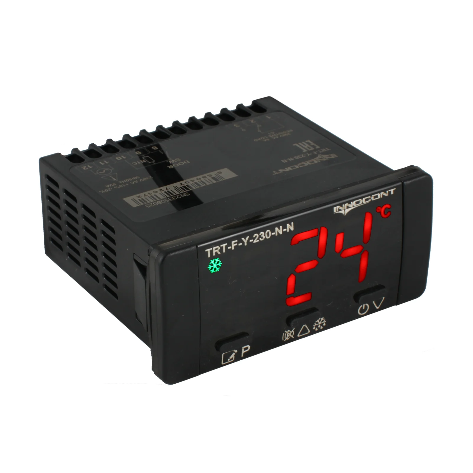 innocont TRT-F-Y-230-2N-3N — Температурный контроллер INNOCONT для управления охлаждением/размораживанием, 4 разряда, 77х35х61 мм, 2xNTC, выходы реле на компрессор, охладитель и испаритель, ON/OFF, 230VAC, встроенный фиксатор