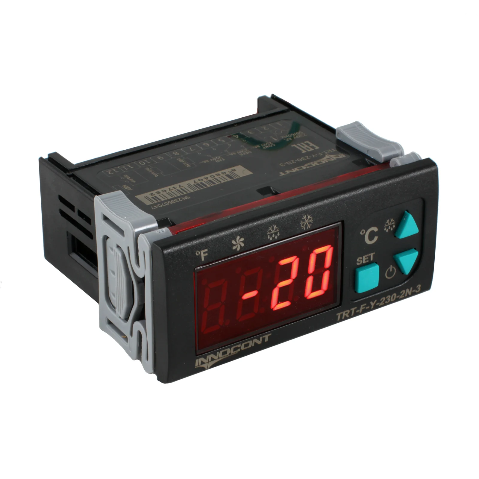 innocont TRT-F-Y-230-2N-3 — Температурный контроллер INNOCONT для управления охлаждением/размораживанием, 4 разряда, 77х35х61 мм, 2xNTC, выходы реле на компрессор, охладитель и испаритель, ON/OFF, 230VAC, комплектный фиксатор