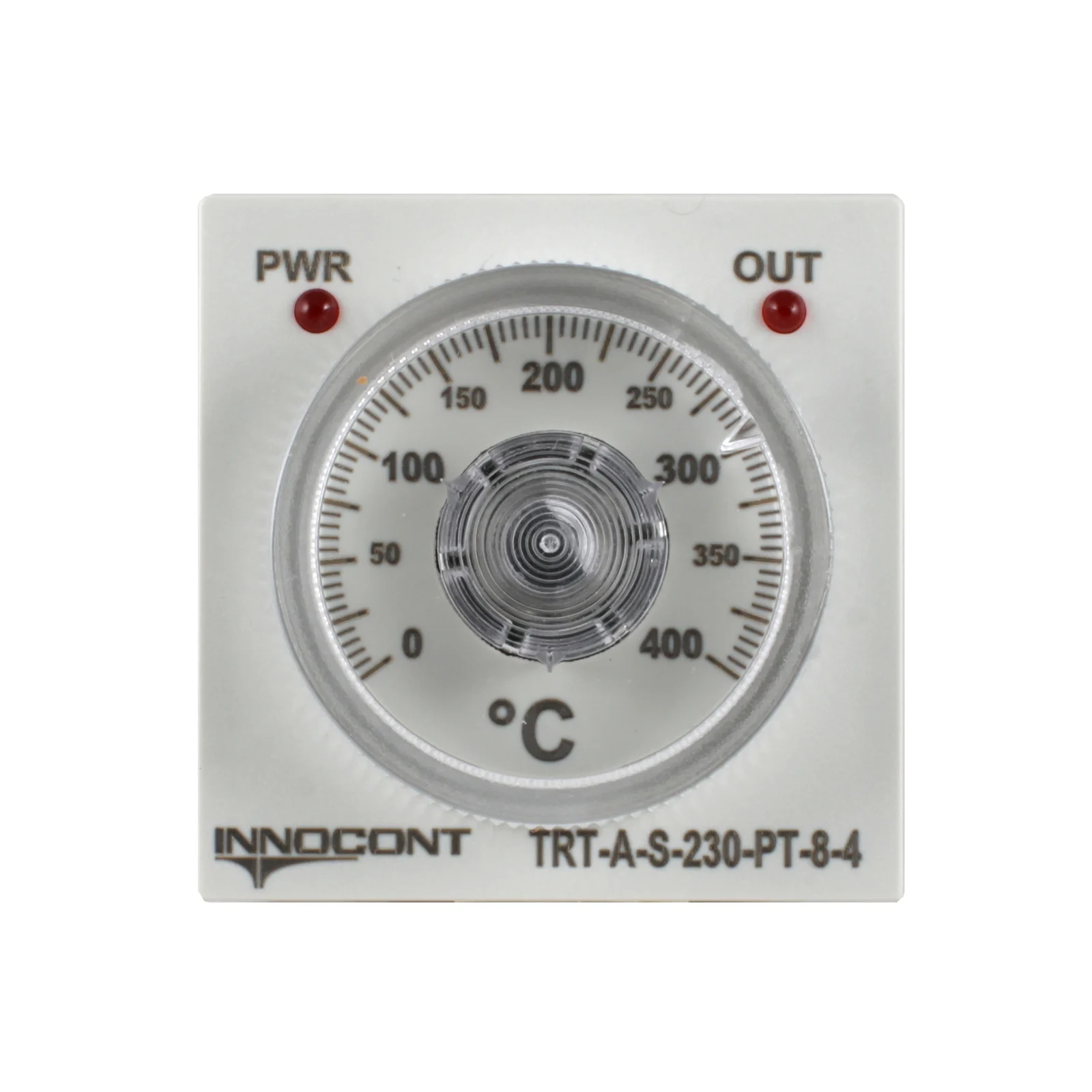 innocont TRT-A-S-230-PT-8-4 — Температурный контроллер INNOCONT с аналоговым управлением, 48х48х82 мм,вход Pt100, 0...400C, выход реле, ON/OFF, 230VAC, электросоединение под розетку 8pin